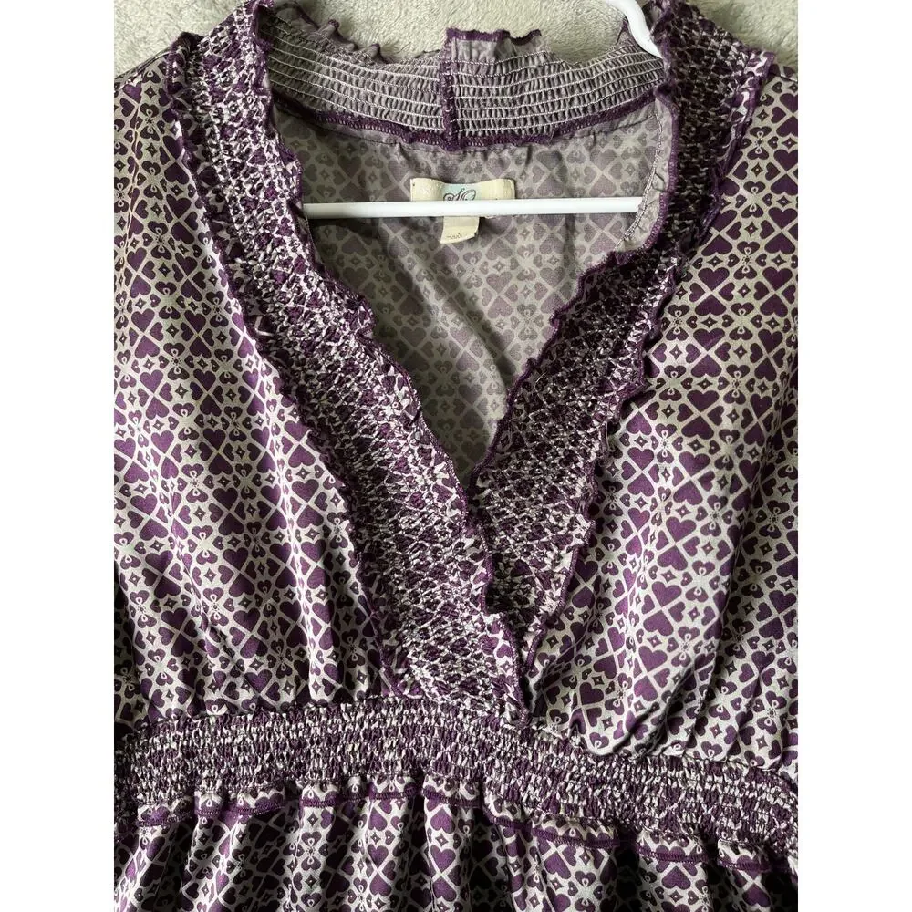 Vintage Y2K Purple Geometric Print Babydoll Top Smocked Waist Ruffle Trim Boho L - Picture 3 of 8